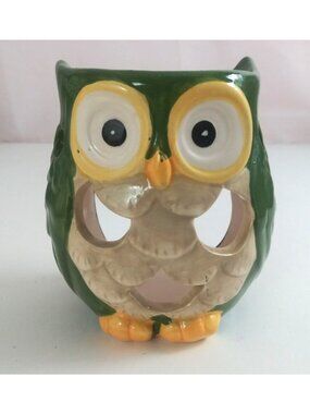 Adorable Ceramic Green Owl 4.25" Tea Light Candle Holder Wax Melter